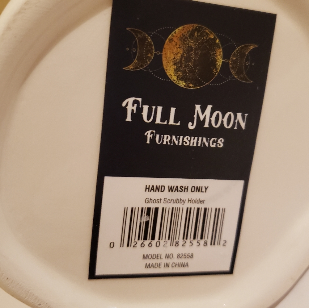 Halloween Ghost Sponge Holder Decor Full Moon NEW Ceramic 3" White Black - Picture 4 of 4